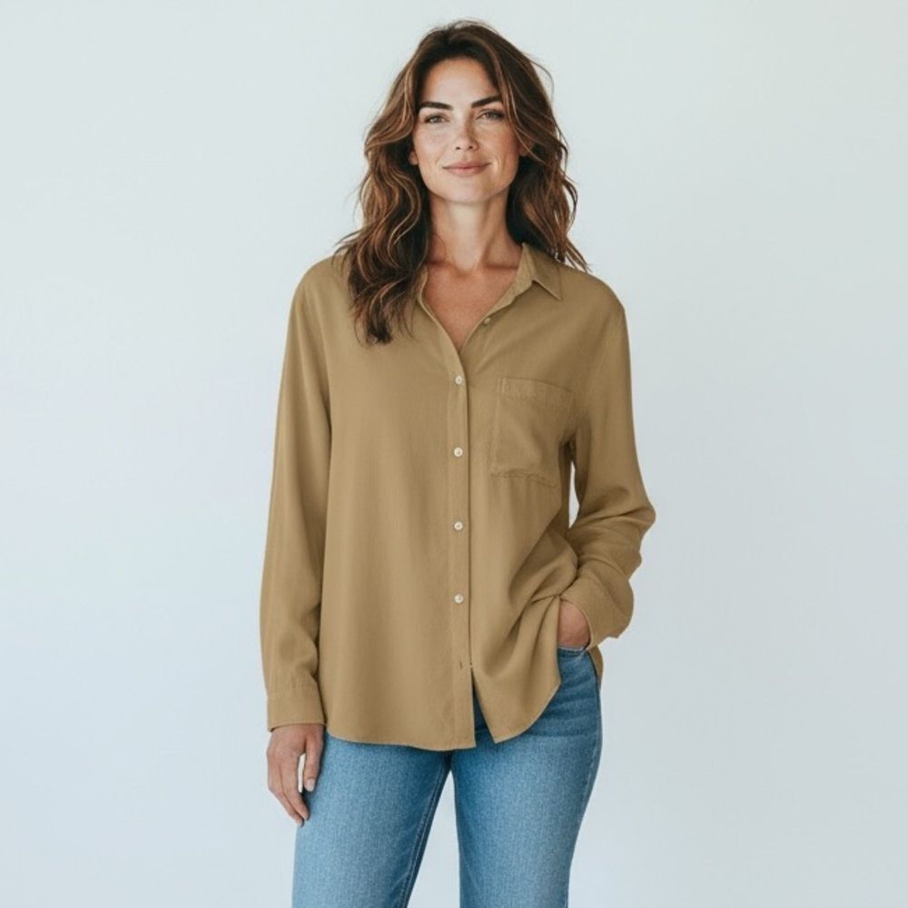 & Other Stories Neutral Tan Lyocell Button Front Shirt,‎ 8